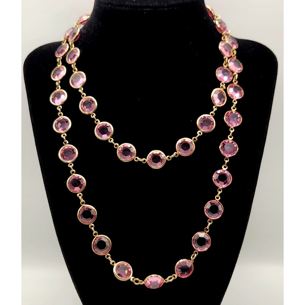 Vintage Pink Glass Station Necklace Gold Tone 36" Opera Length 11mm Open Bezel